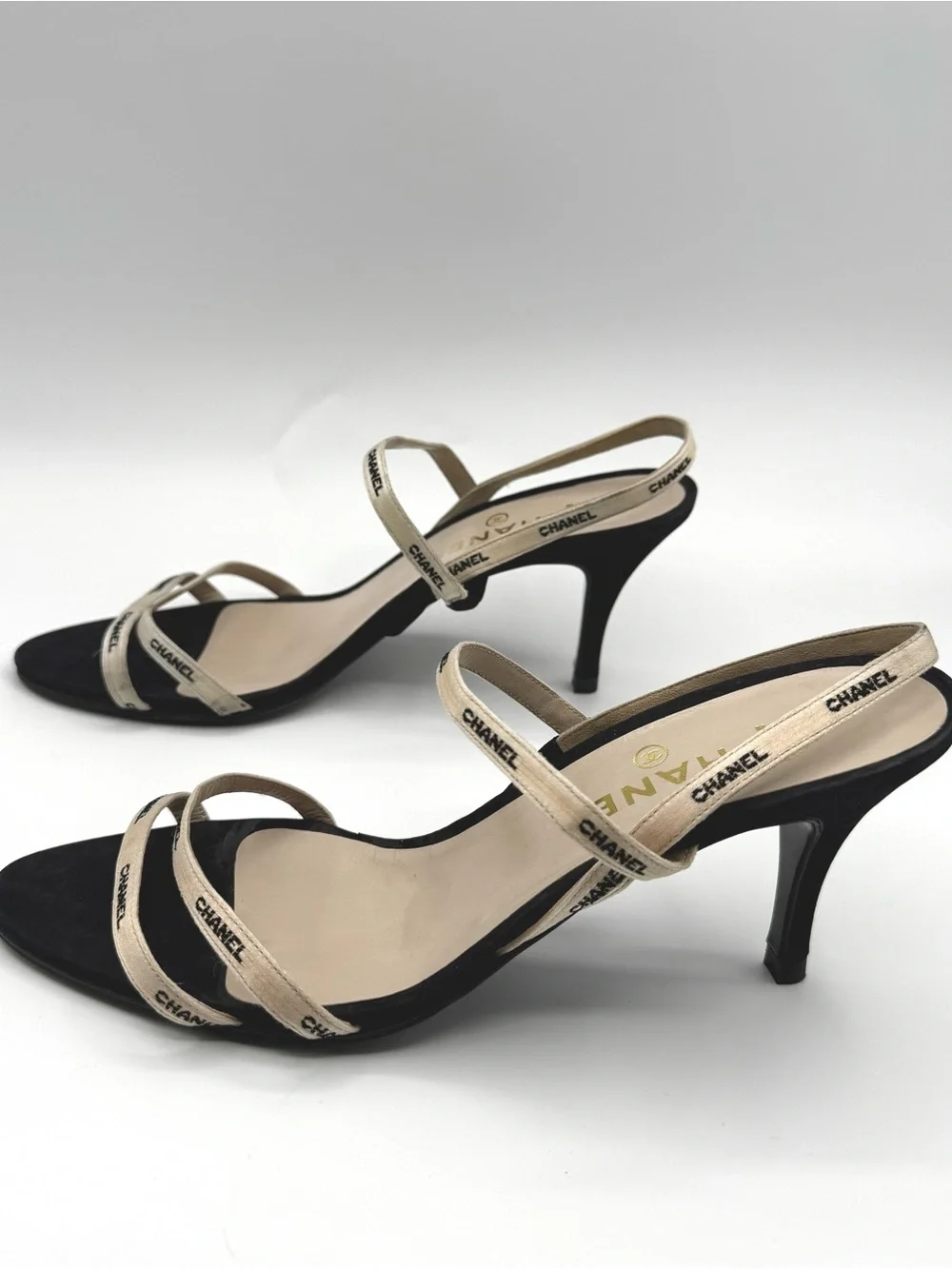 Vintage Chanel heeled sandals with white logo satin ribbon straps size 40